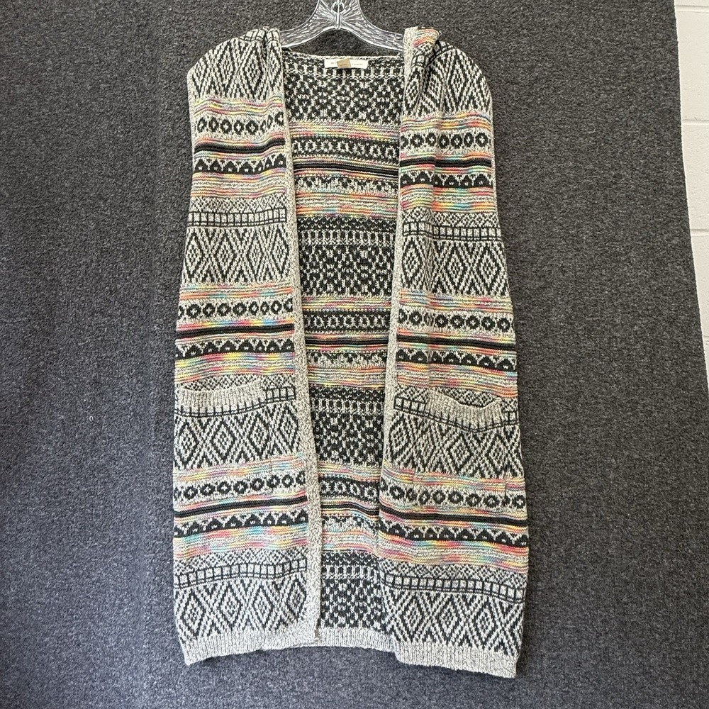 Boho Hooded Sweater Vest Cardigan Size L Longline Tribal Aztec Festival Cozy